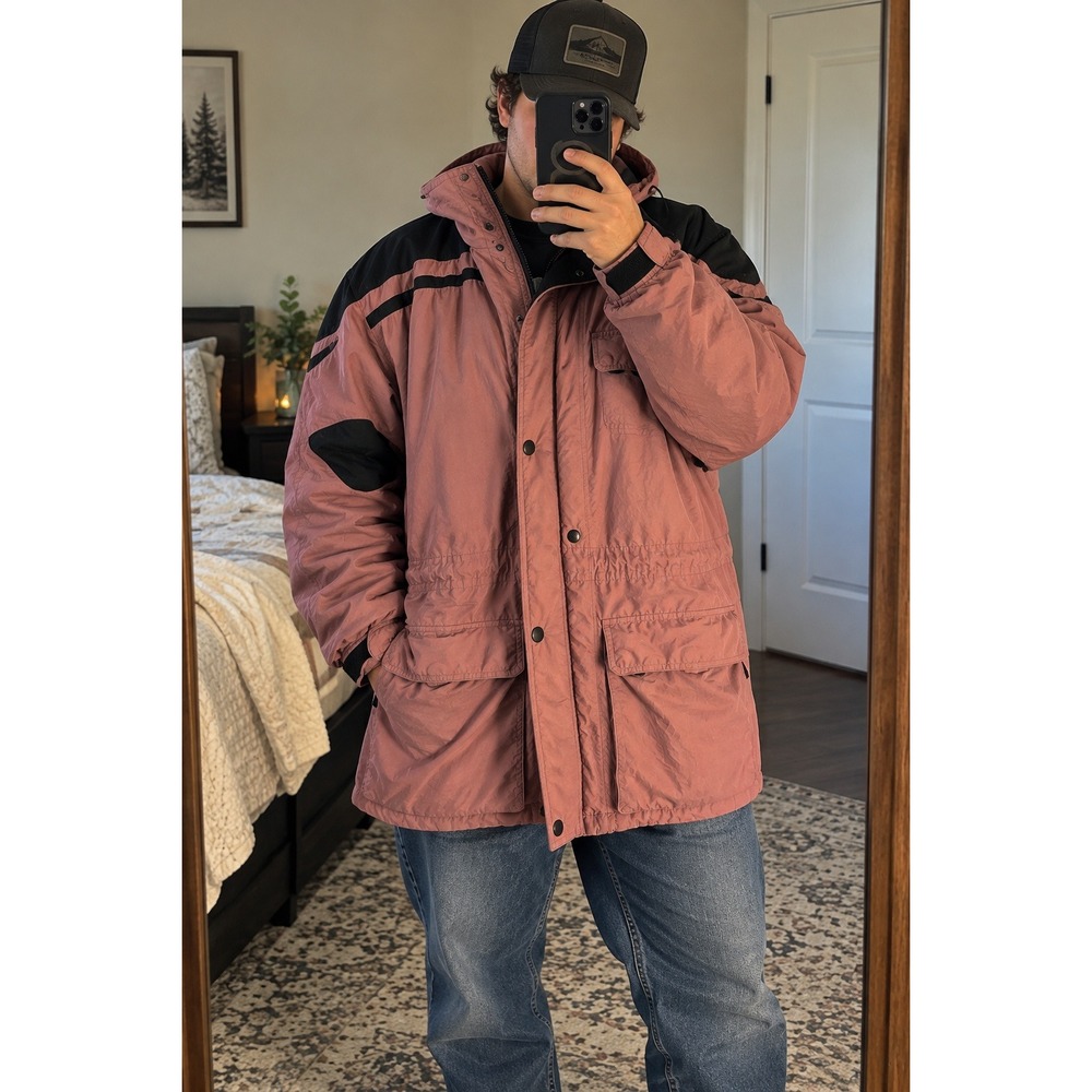Vintage 90s Urban Equipment Parka Mens XL Pink Black Hooded Gorpcore Jacket Coat